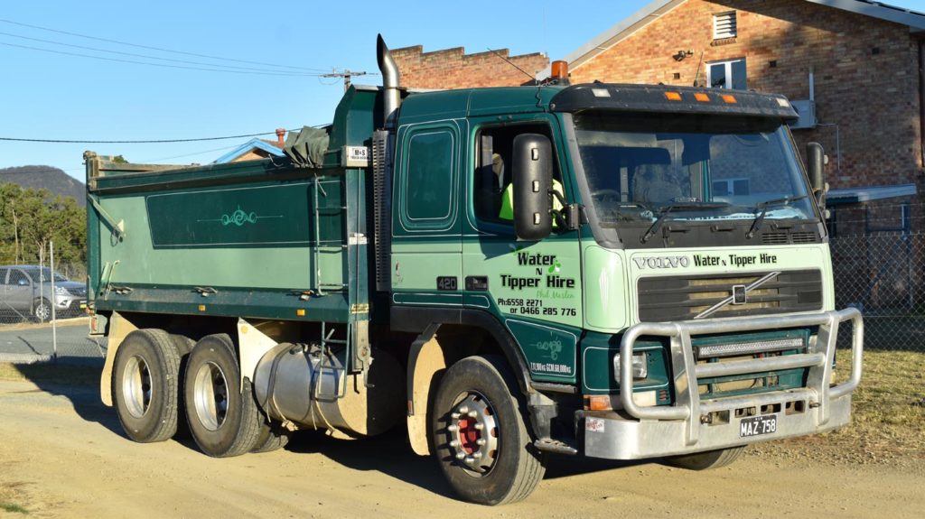 Green Volvo tip truck owned by Phil Maslen from Water N Tipper Hire in Gloucester New South Wales. All jobs big and small.
